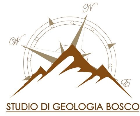 logo studio geologia bosco con montagna stilizzata e punti cardinali